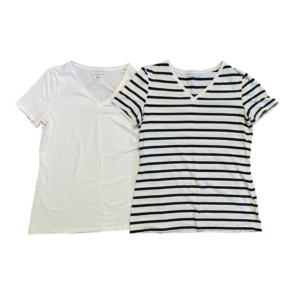 Two V-neck T-shirts Short Sleeve 1 Solid White & 1 Black Striped Casual Neutral